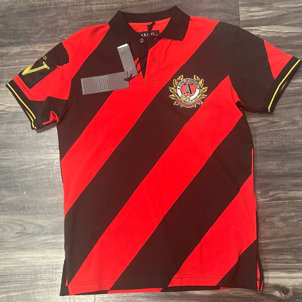 Red and Black Striped Akoo Men's Polo Shirt